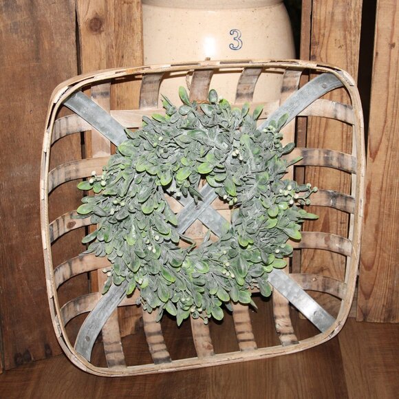 NEW French Country Farmhouse Wood & Metal Tobacco Wall Basket w/Bay Leaf Wreath - Picture 1 of 5